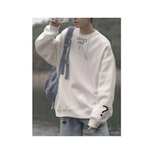 Tarzsokak Unisex Kadın/erkek Beyaz Who Am I Oversize Bisiklet Yaka Pamuklu Sweatshirt