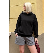 Siyah Kapüşonlu Oversize Cepli Sweatshirt Mg2207