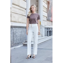 Jument Kadın Sıfır Yaka Kırışmaz Span Karışımlı Şık Kısa Kol Likralı T-shirt Bluz-kahve Kahve