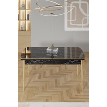 Canisa Rada Serisi 80x132 Açılabilir Lak Panel Mutfak Masası Siyah Mermer Desen Gold Ayaklı Masa Siyah Mermer Desen Ayaklar Gold