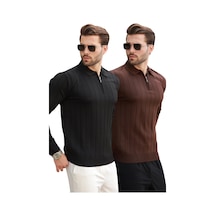 Siyah/kahverengi Polo Yaka Fermuarlı 2'li Paket Örme Kazak E7456 Siyah/kahverengi