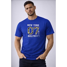 Herkesemoda Yazı Detaylı Basic T-shirt Mavi