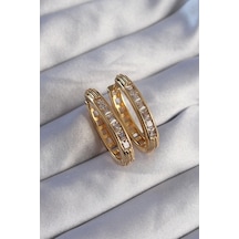 Pirinç Gold Renk Zirkon Taşlı Oval Model Küpe Çok Renkli