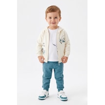 Toontoy Kids Toontoy Erkek Çocuk 3'lü Eşofman Takımı Uzun Kollu Bisiklet Yaka Nakışlı T-shirt - Kapüşonlu Fermuarlı Hırka- Beli Paçası Lastikli Eşofman Altı 25052 Mavi
