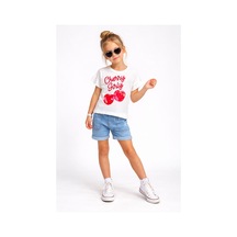 Cherry Girly Serisi Kız Çocuk Denim Şortlu Yazlık - 2'li Takım-71799 Beyaz