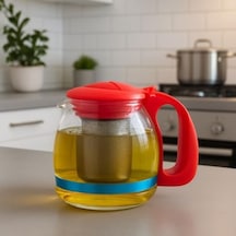 700 Ml Süzgeçli Cam Çaydanlık Üstü Demlik Kırmızı