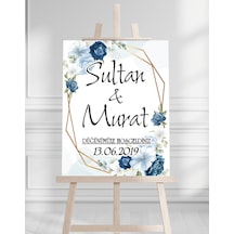 Söz Nişan Düğün İçin 50x70 Karşılama Panosu - Mavi Çiçek Tasarımlı 008 Beyaz