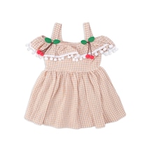 Kız Bebek Pitikareli Kirazlı Fırfır Detay Askılı Elbise 001