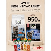Aylık Kedi İhtiyaç Paketi 2 Kg Mama + 10 Lt Kum + 5 Li Karışık Ödül Maması Somonlu