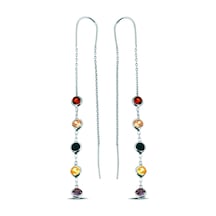 Renkli Taşlı Gümüş Tasarım Zincir Küpe - K076601