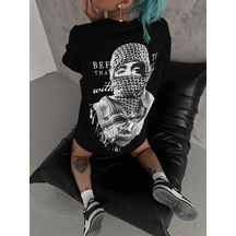 Freedom Storee Kadın Kısa Kol Tişört Bisiklet Yaka Filistin Poşülü Baskılı T-shirt - Siyah Çok Renkli