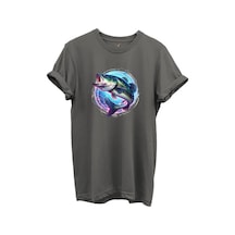 Renkli Neon Balık Desenli %100 Pamuk Regular Fit Unisex T-shirt Gri