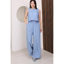 Famoda Mavi Sırtı Çapraz Bağcıklı Crop Bluz & Yüksek Bel Palazzo Pantolon Alt Üst Takım