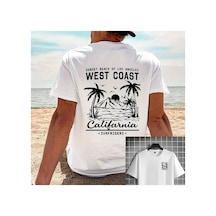 Caddemia Gündelik Bol Retro Kaliforniya Plaj Sörf Desenli Baskılı Yuvarlak Yaka Beyaz 2XL