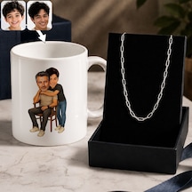 Bk Gift Kişiye Özel Baba&çocuk Karikatürlü Beyaz Kupa & Ataç Zincir Kolye -6, Babalar Günü Hediyesi Gümüş