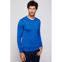Tudors Erkek Slim Fit Bisiklet Yaka Mavi Kazak-28967-mavi Mavi