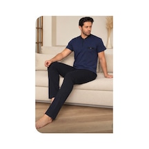 Erkek Jakar Desen Kısa Kol Pantolon Cepli Penye Kumaş Pijama Takımı 5301 Lacivert
