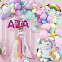 3 Harfli Yaş Seçenekli Gökkuşağı Konseptli Unicorn Temalı Makaron Balon Doğum Günü Parti Kutlama Seti 9+