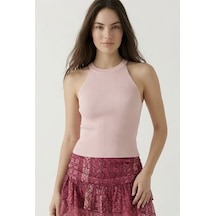 Neden Tekstil Kadın Fitilli Halter Yaka Crop Bluz - Toz Pembe