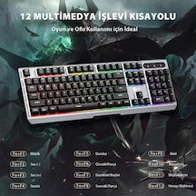 Kb121 Usb Kablolu Oyuncu Klavye - Makro Tuşlu, Rainbow Efektli, Mekanik Hisli Sessiz, Membran Gaming Türkçe Q Klavye Metalik Gri