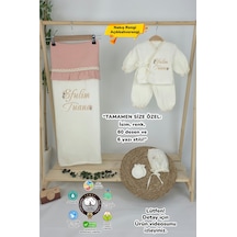 Gros Shop Müslin Yeni Doğan 4katlı Organik %100pamuk Kişiye Özgü Nakışlı Hastane Çıkış Seti Papatya Model-6 Ekru-2