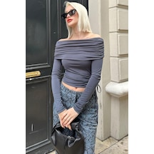 Madmext Füme Büzgülü Kayık Yaka Kadın Bodysuit Mg2250 Füme