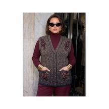 Onno Style Women Karyağdı Gül Desenli Çelik Örgü Triko Kadın Yelek Lacivert