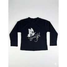 Kız Çocuk Lacivert Kelebek Baskılı Sweatshirt - Gümüş Simli Detaylı İnce Penye Sweat Lacivert