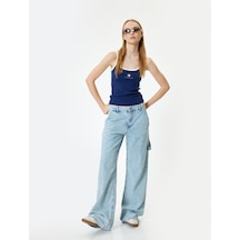Koton Bol Paça Kot Pantolon Cep Detaylı Düğmeli Pamuklu - Loose Straight Fit Jeans Açık İndigo 4sal40171md Açık İndigo
