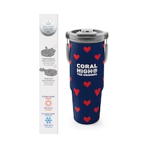 Coral High Lacivert Kırmızı Kalp Desenli Pipetli Ve Direkt İçim Çelik Termos 900 Ml 38705 Lacivert - Kırmızı