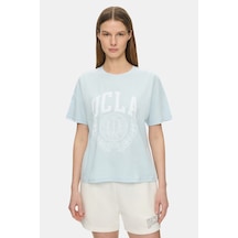 Ucla Avalon Gök Mavi Bisiklet Yaka Baskılı %100 Pamuk Loose Fit Kadın Tshirt Gök Mavisi
