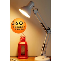 Beyaz Akrobat Masa Lambası Yaylı Metal 360 Derece Hareketli Ayarlanabilir Çalışma Masası Lambası Ofis Çizim Mimari Tasarım Okuma Lambası Mengeneli Masaüstü Gece Lambası E27 Duy Ev Ofis Aydınlatma Beyaz Beyaz