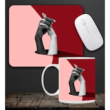Baskılı Kupa & Kırmızı Ve Pembe Renk El Ele Tutuşan Motifli Mouse Pad 23x19cm Fare Altlığı Kaydırmaz Taban De588 Ofis Hediyesi