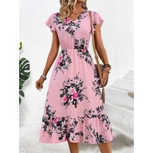 Efnaz Style Kadın Kısa Kollu V Yakalı Desenli Midi Süprem Elbise Pembe