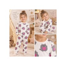 Genel Markalar Kız Çocuk Pembe Kedi Desenli Beyaz Renk Pijama Takımı Beyaz Beyaz
