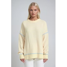 Bisiklet Yaka Oversize Çizgili Triko Kazak 1419 Sarı