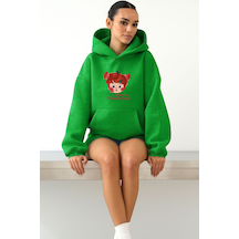 Benroma 3 İplik Penye Alice İn Wonderland Baskılı Ünisex Kapüşonlu Sweat Yeşil