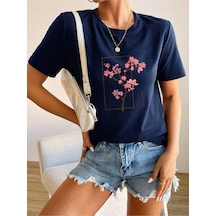 Uyguntarz Unisex Kiraz Ağacı Baskılı Tasarım Tshirt Lacivert