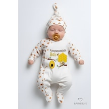 Babyden's Anneannesinin Balı Yazılı Yenidoğan Bebek Tulum Şapka Set Arı Desenli Unisex Çıtçıtlı Bebek Tulum Ekru - Sarı