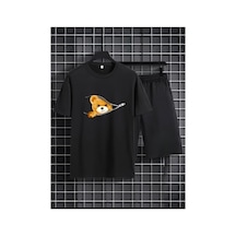 Medinenur Fermuar Ayıcık Desen Baskılı T-shirt Short Bol Paça Rahat Kalıp Siyah Alt Siyah Üst Short Takım Siyah