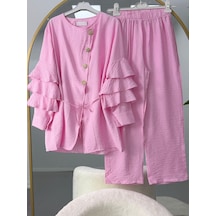 Lovie Moda Gold Düğmeli Kolu Fırfırlı Pantolonlu İkili Takım Pembe