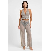 Benerly Kadın Büyük Beden Halter Yaka Crop Top Pantolon Takımı Simli Örme Çok Renkli