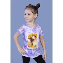 Toontoy Kids Toontoy Kız Çocuk Baskılı Bisiklet Yaka Kısa Kollu Tişört - Omuzları Açık Lila