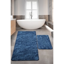 Nova Lacivert 80x150 + 50x80 Cm Büyük Ebat 2'li Banyo Halısı Paspas Seti Yıkanabilir Klozet Takımı Lacivert