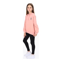 Toontoy Kids Toontoy Kız Çocuk 2'li Takım Baskılı Kapüşonlu Düşük Omuz Sweatshirt & Basic Düz Tayt Mercan