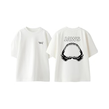 Thewert Jaws 3 Tasarım Sırt Baskılı Pamuk Beyaz Oversize T-shirt