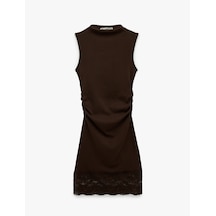 Koton Modal Karışımlı Slim Fit Dik Yaka Kolsuz Mini Dantelli Elbise Kahverengi 6sal80262ık Kahve