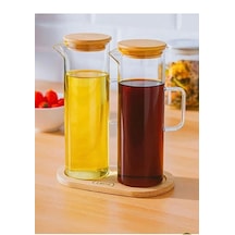 Bambu Altlıklı 2 Li Cam Yağlık & Sirkelik Seti 400 Ml Şeffaf Şeffaf