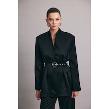 Sateen Lisa Kemerli Saten Ceket - Siyah-136929 Siyah