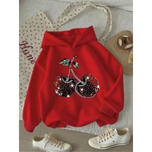 Kışlık Kapüşonlu Sweatshirt, Çocuk We Kiraz Baskılı Kırmızı Kışlık Kapüşonlu Sweatshirt, Çocuk We Kiraz Baskılı Kırmızı